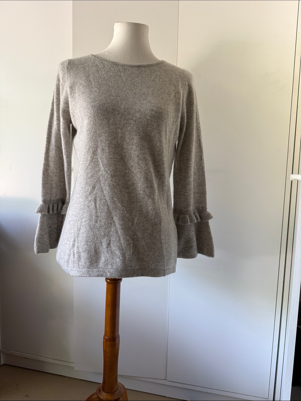 Charter Club Light Gray Ruffle Bell Sleeve Crewneck Sweater